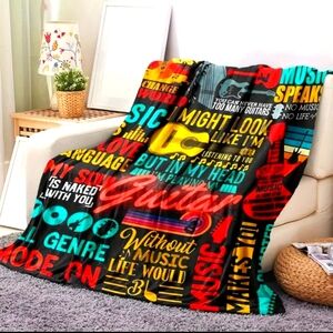Guitar Print Throw Lap Blanket, Music theme NWT, soft flannel polyester, 2 sided